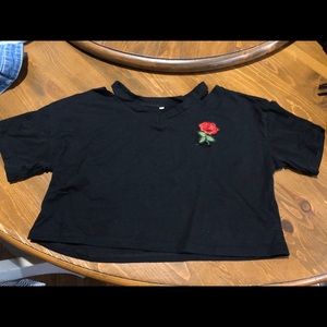 Black crop top with embroidered rose
